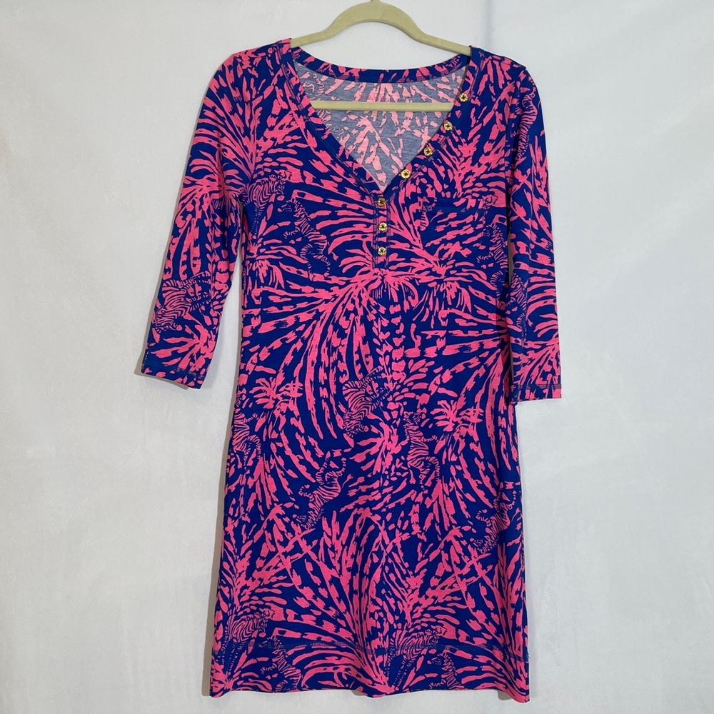 Lilly Pulitzer Palmetto Dress Size XS Blue And Pink Zebra Palm Print EUC